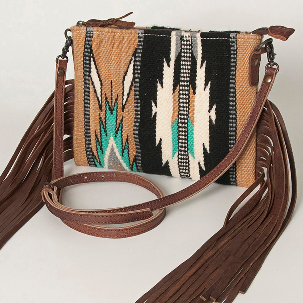 American Darling Western Cross body Bag Hand Tooled Floral Leather & Hand Woven Saddle Blanket with Fringes
