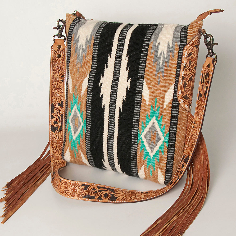 American Darling Cross body Bag Western Hand Tooled Genuine Leather and Saddle Blanket Purse with Fringes and YKK Zipper