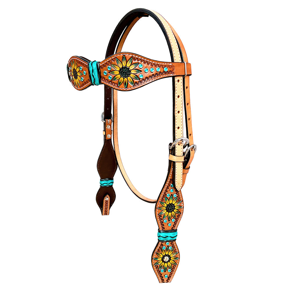 Hilason Western Horse Headstall Rawhide Braided American Leather Sunflower