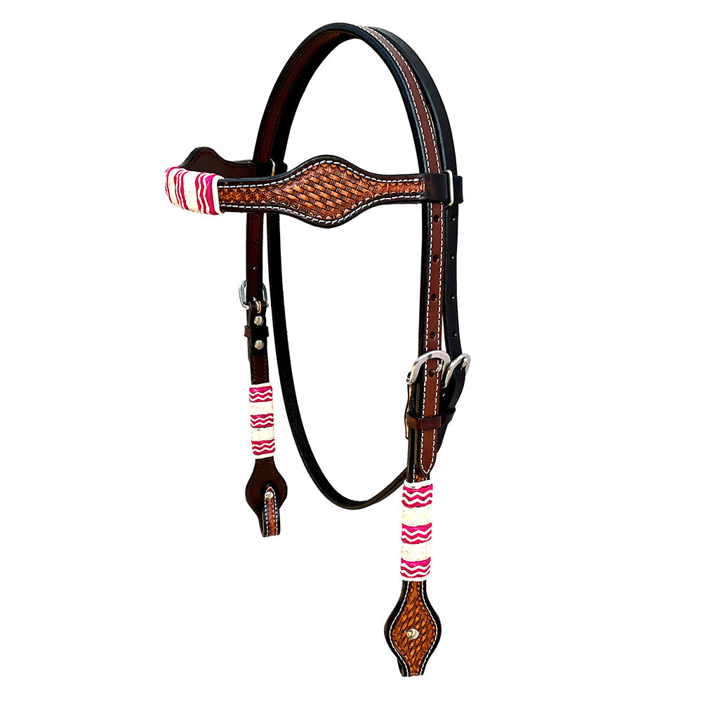 Hilason Western Horse Basket Weave Hand Tooled American Leather Headstall Rawhide Braided Brown