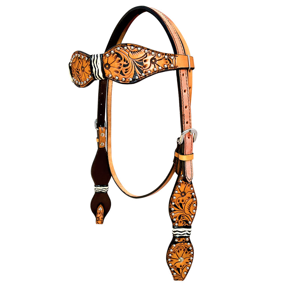 Hilason Western Horse Headstall Floral Rawhide Braided American Leather Tan