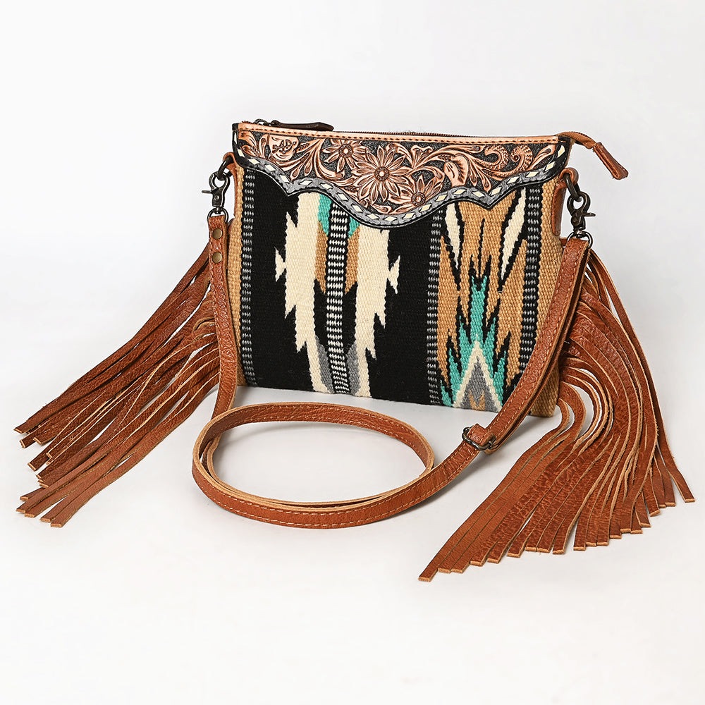 American Darling Western Cross body Bag Hand Tooled Floral Leather & Hand Woven Saddle Blanket with Fringes