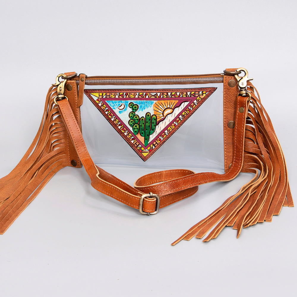 American Darling Clear Bag, Hand Tooled Leather Trim with Fringes, Stadium Approved Western Crossbody, Handcrafted Purse