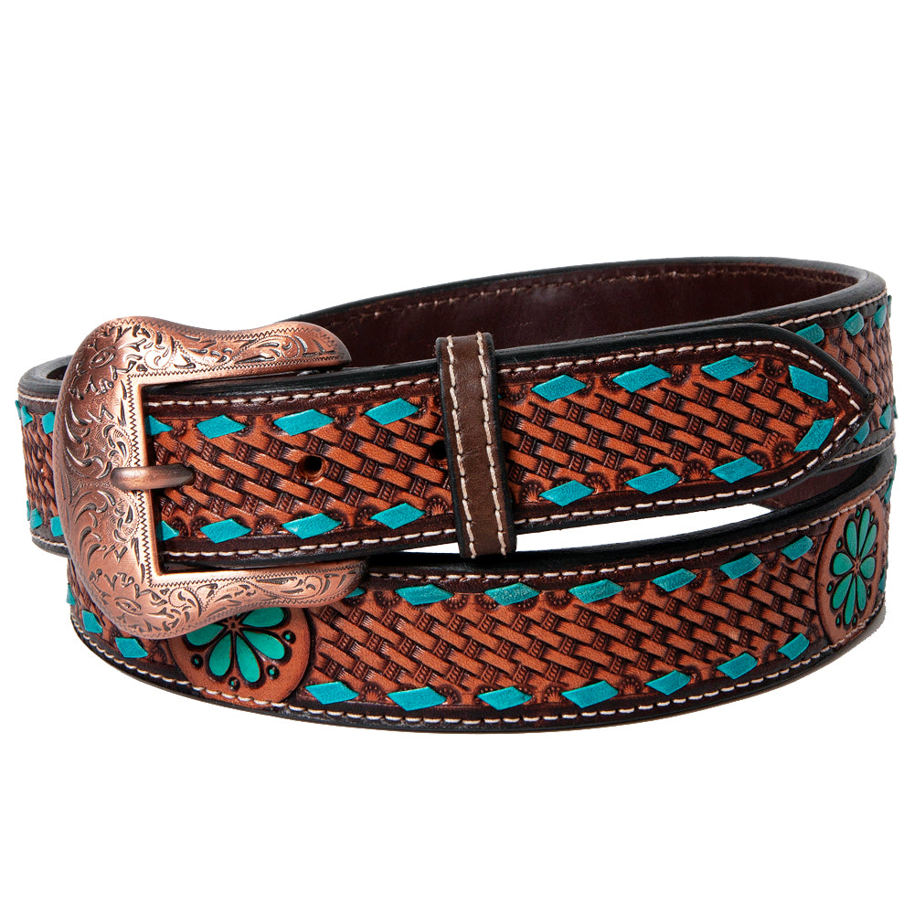 BAR H EQUINE Brown Turquoise Buckstitch Flower Basket Hand Tooled Fashion Premium Leather Belt Unisex Western Removable Buckle