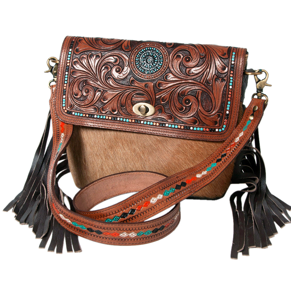 Ohlay Bags Western Hand Tooled Leather Crossbody Bag for Women, Hair On Cowhide Purse with Fringe