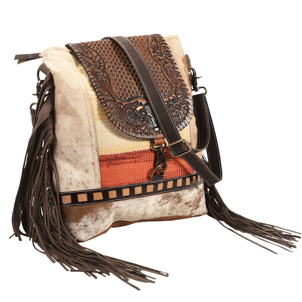 OHLAY Messenger Hand Tooled Upcycled Wool Canvas Hair-On Genuine Leather Women Bag Western Handbag Purse Womens Handbags