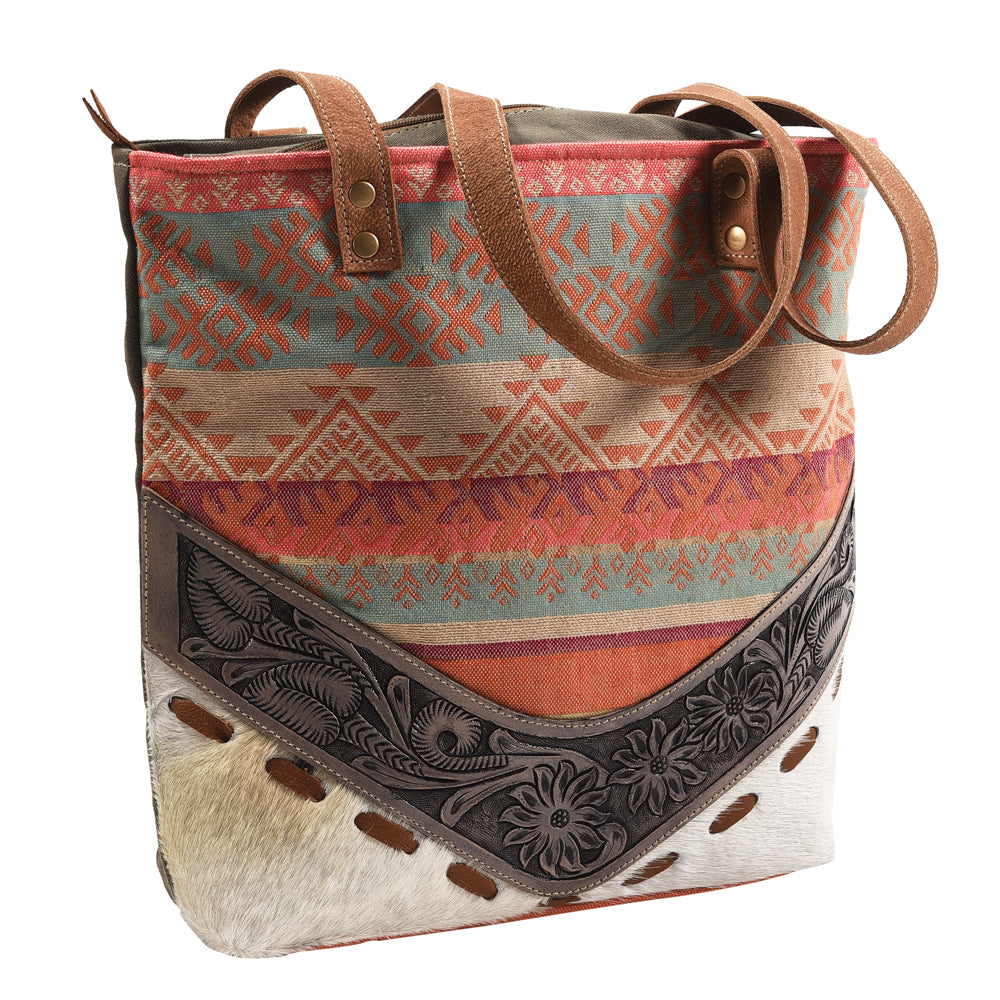 OHLAY KB376 TOTE Hand Tooled Upcycled Wool Canvas Hair-on Genuine Leather women bag western handbag purse