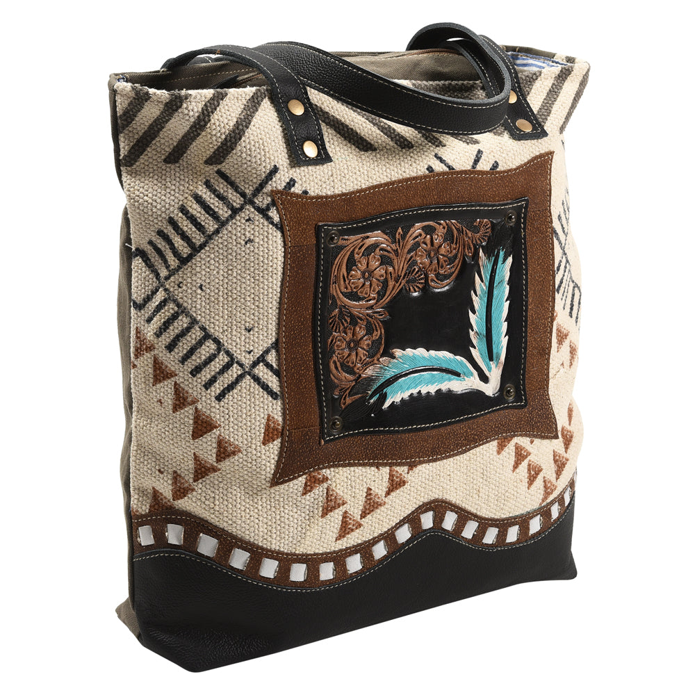 OHLAY KB386 TOTE Hand Tooled Upcycled Wool Canvas Genuine Leather women bag western handbag purse
