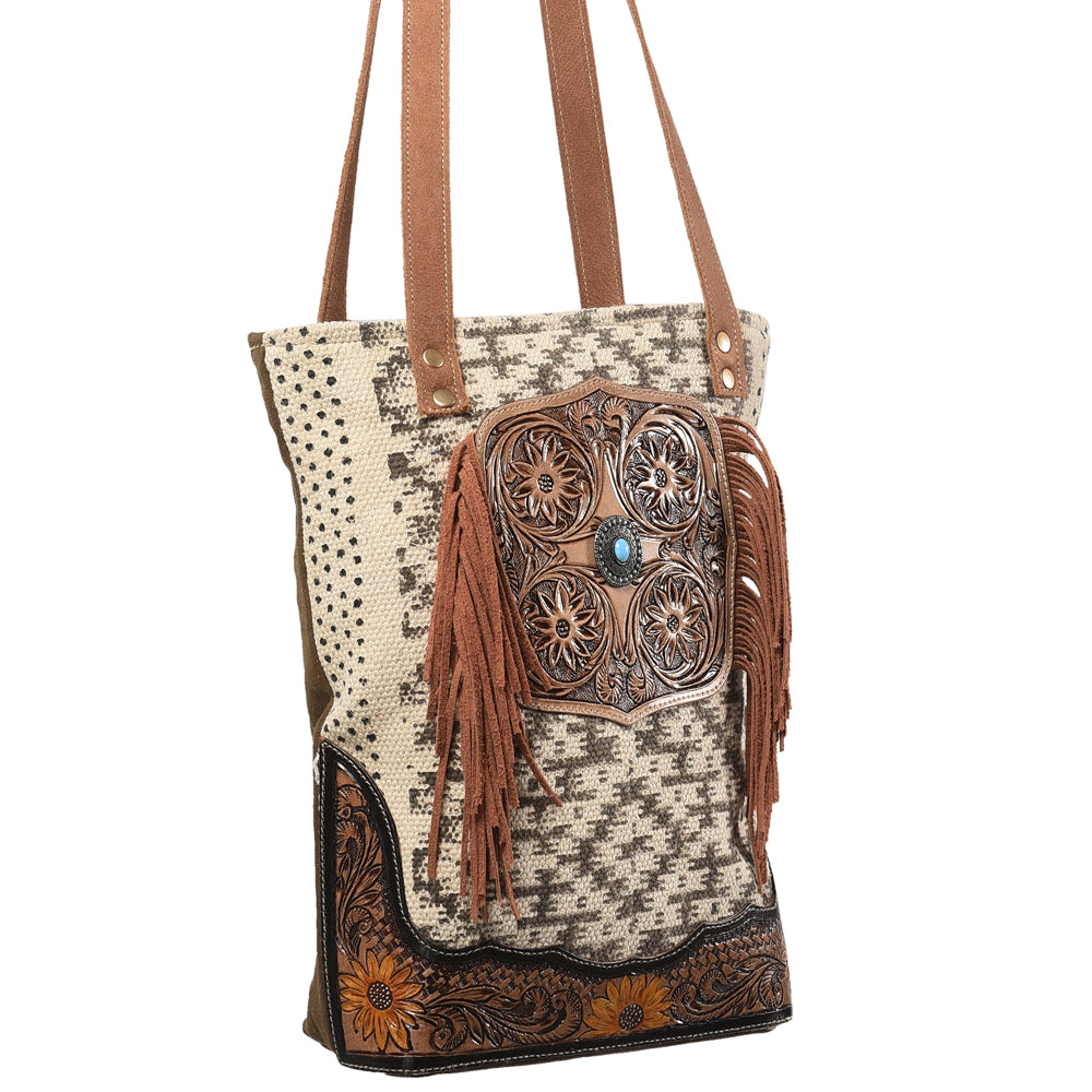 OHLAY KB394 TOTE Hand Tooled Upcycled Wool Canvas Genuine Leather women bag western handbag purse