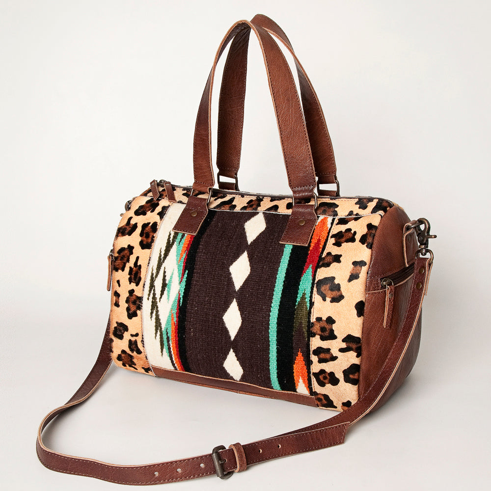 American Darling Hair-On Cowhide Duffel Bag – Western Leather Travel Bag with Handwoven Saddle Blanket