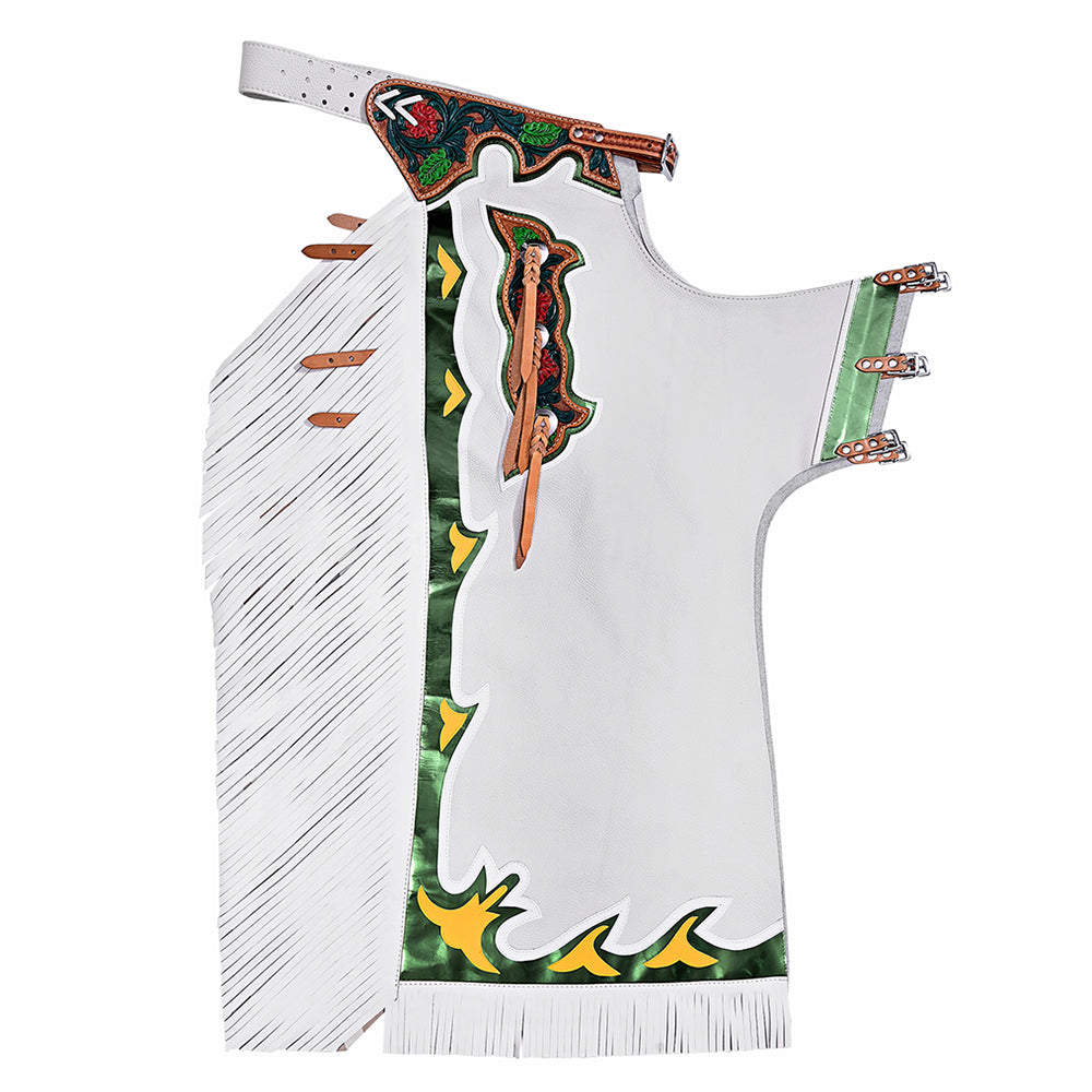 HILASON Bronc Bull Riding Genuine Leather Rodeo Western Chaps White Green Base | for Men and Women Unisex