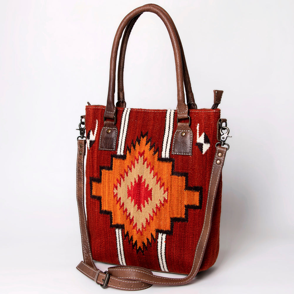 American Darling Saddle Blanket Tote Bag – Handwoven Wool Western Tote with Genuine Leather Handles & Spacious Interior