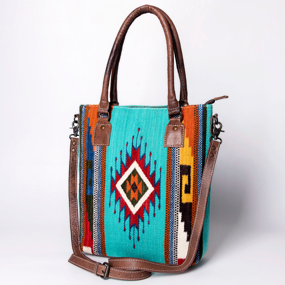 American Darling Saddle Blanket Tote Bag – Handwoven Wool Western Tote with Genuine Leather Handles & Spacious Interior