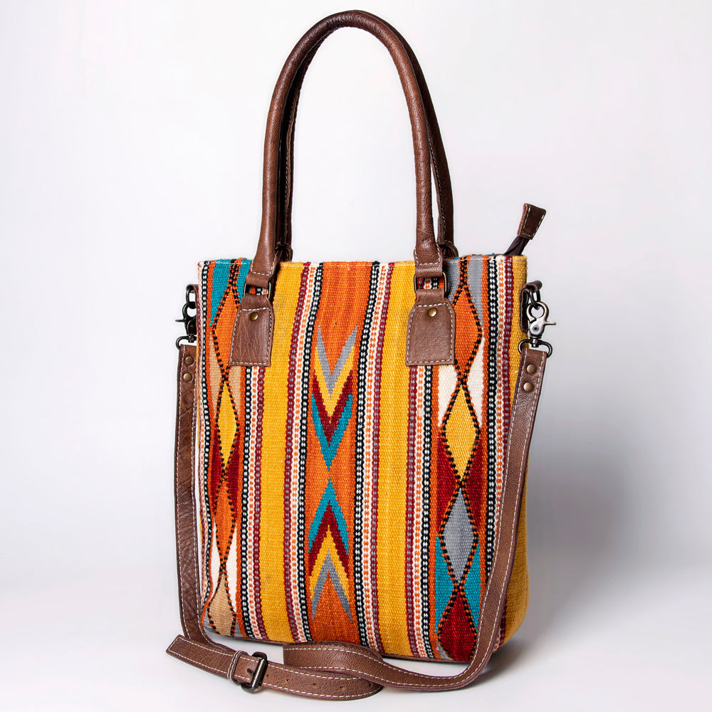 American Darling Saddle Blanket Tote Bag – Handwoven Wool Western Tote with Genuine Leather Handles & Spacious Interior