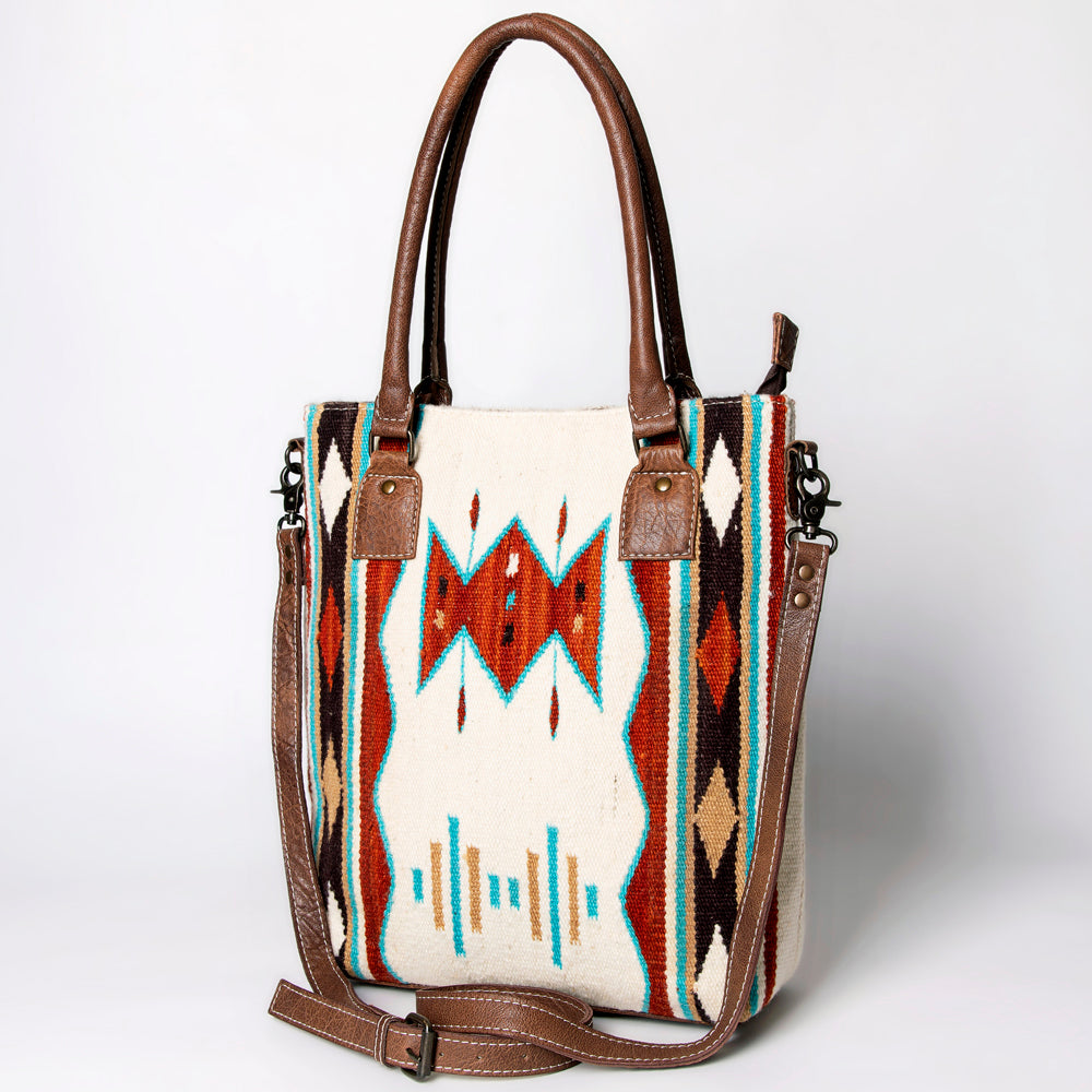 American Darling Saddle Blanket Tote Bag – Handwoven Wool Western Tote with Genuine Leather Handles & Spacious Interior