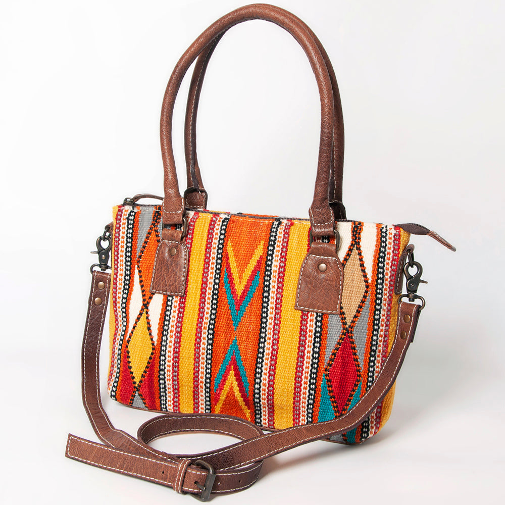 American Darling Western Saddle Blanket Tote Bag, Genuine Leather Trim, Removable Crossbody Strap, Zipper Closure