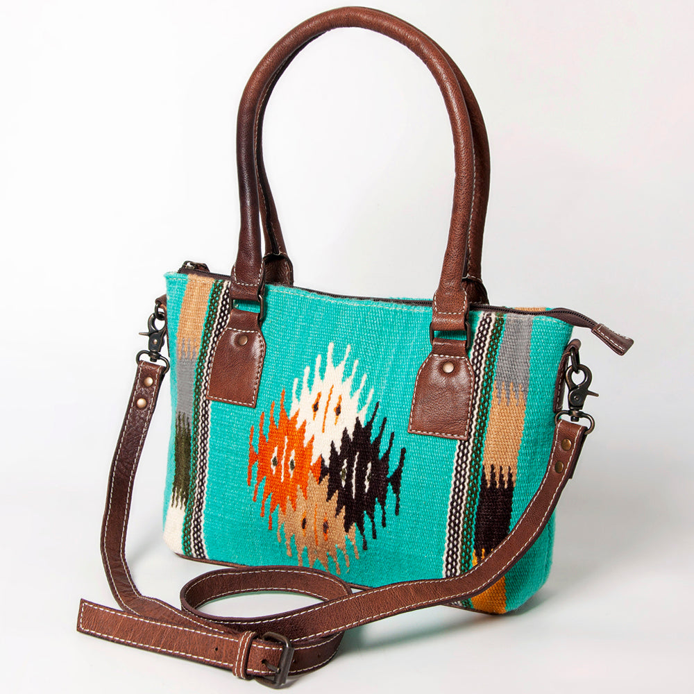 American Darling Western Saddle Blanket Tote Bag, Genuine Leather Trim, Removable Crossbody Strap, Zipper Closure