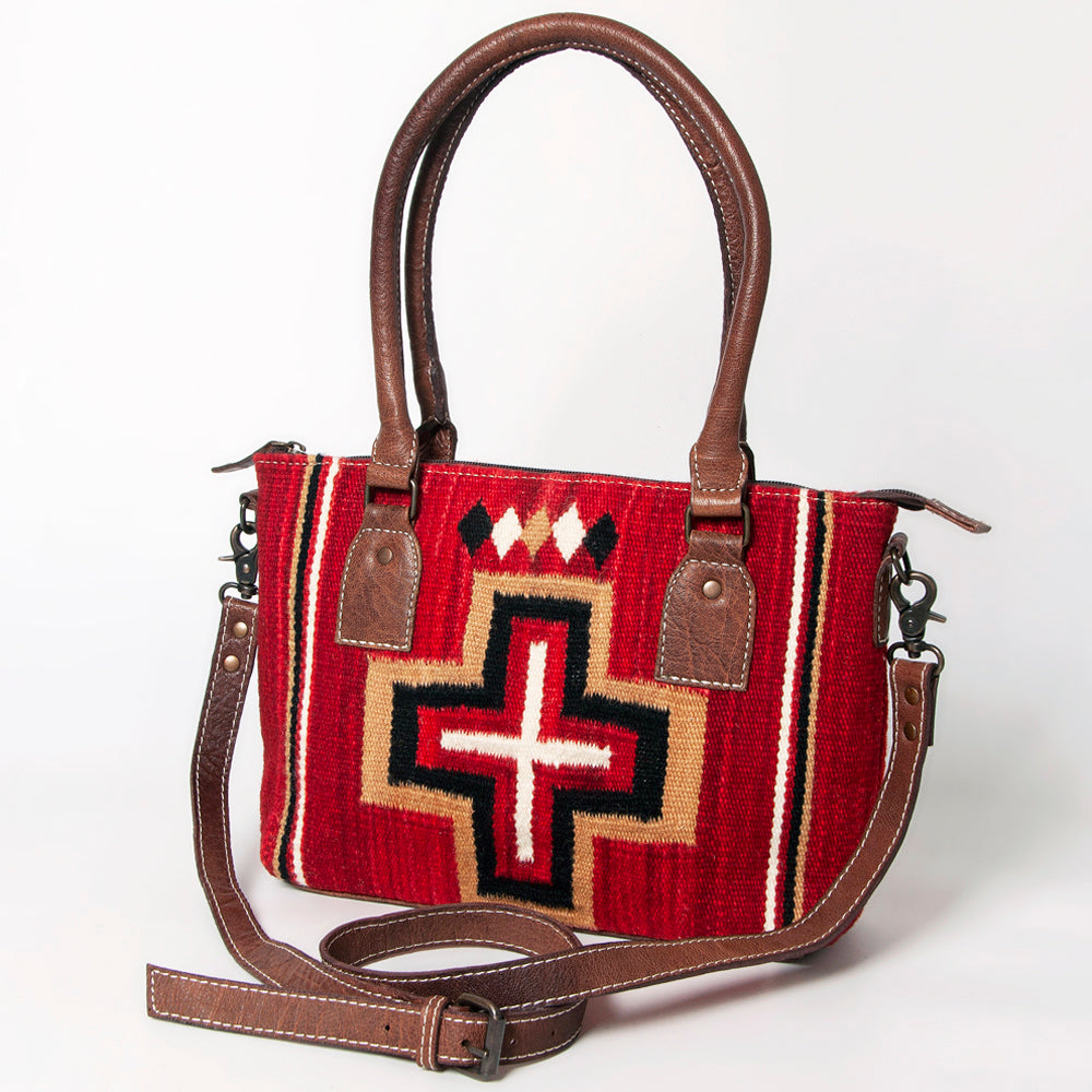 American Darling Western Saddle Blanket Tote Bag, Genuine Leather Trim, Removable Crossbody Strap, Zipper Closure