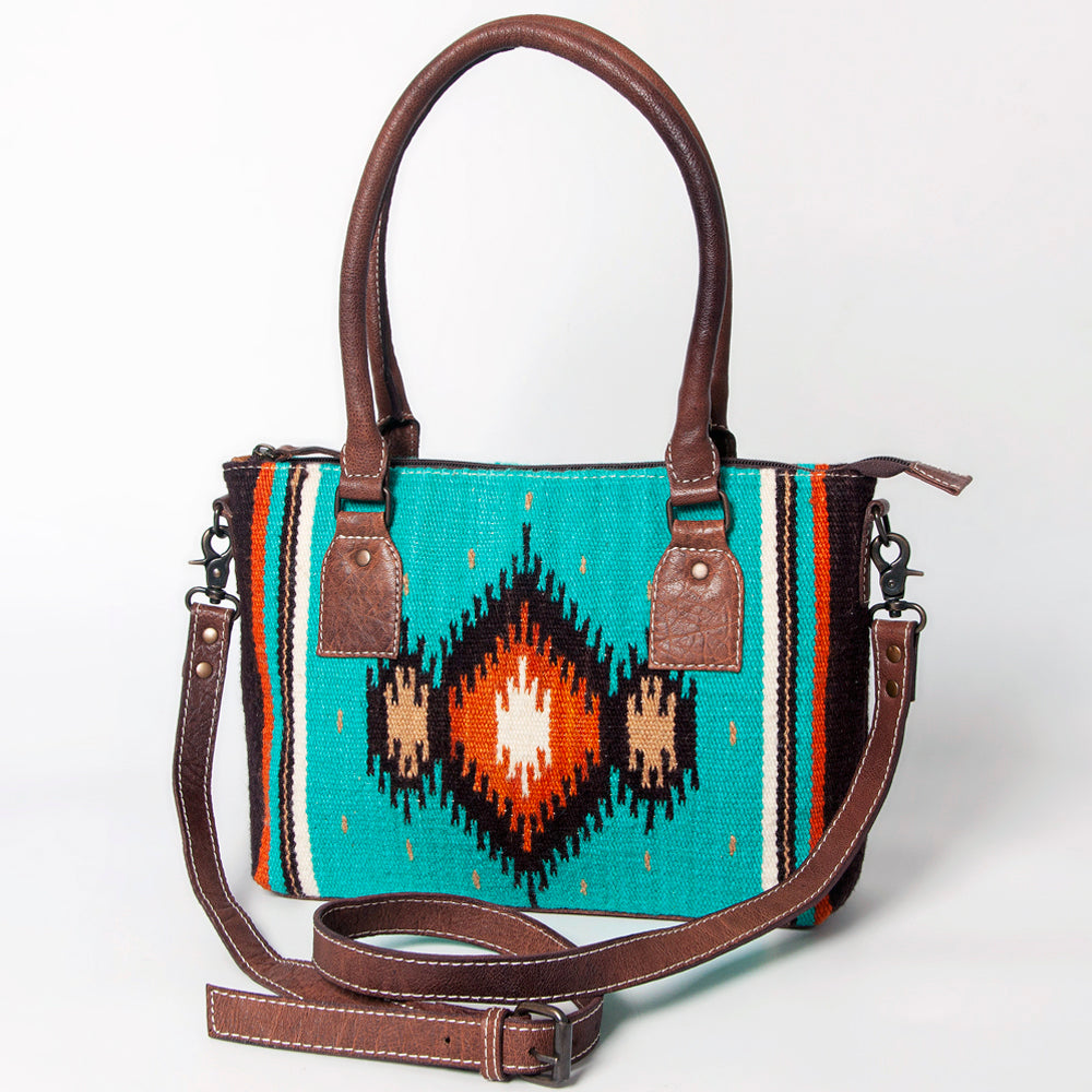 American Darling Western Saddle Blanket Tote Bag, Genuine Leather Trim, Removable Crossbody Strap, Zipper Closure