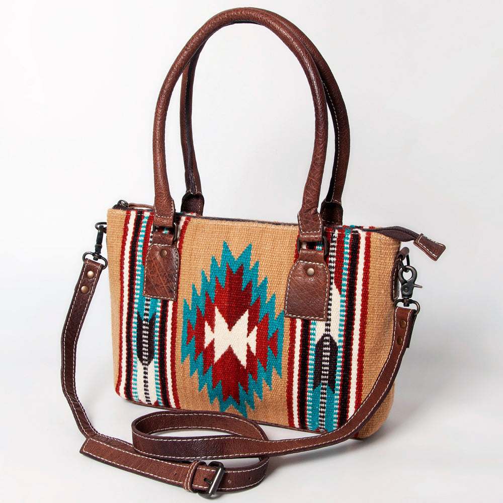 American Darling Western Saddle Blanket Tote Bag, Genuine Leather Trim, Removable Crossbody Strap, Zipper Closure