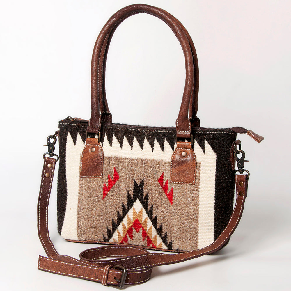American Darling Western Saddle Blanket Tote Bag, Genuine Leather Trim, Removable Crossbody Strap, Zipper Closure