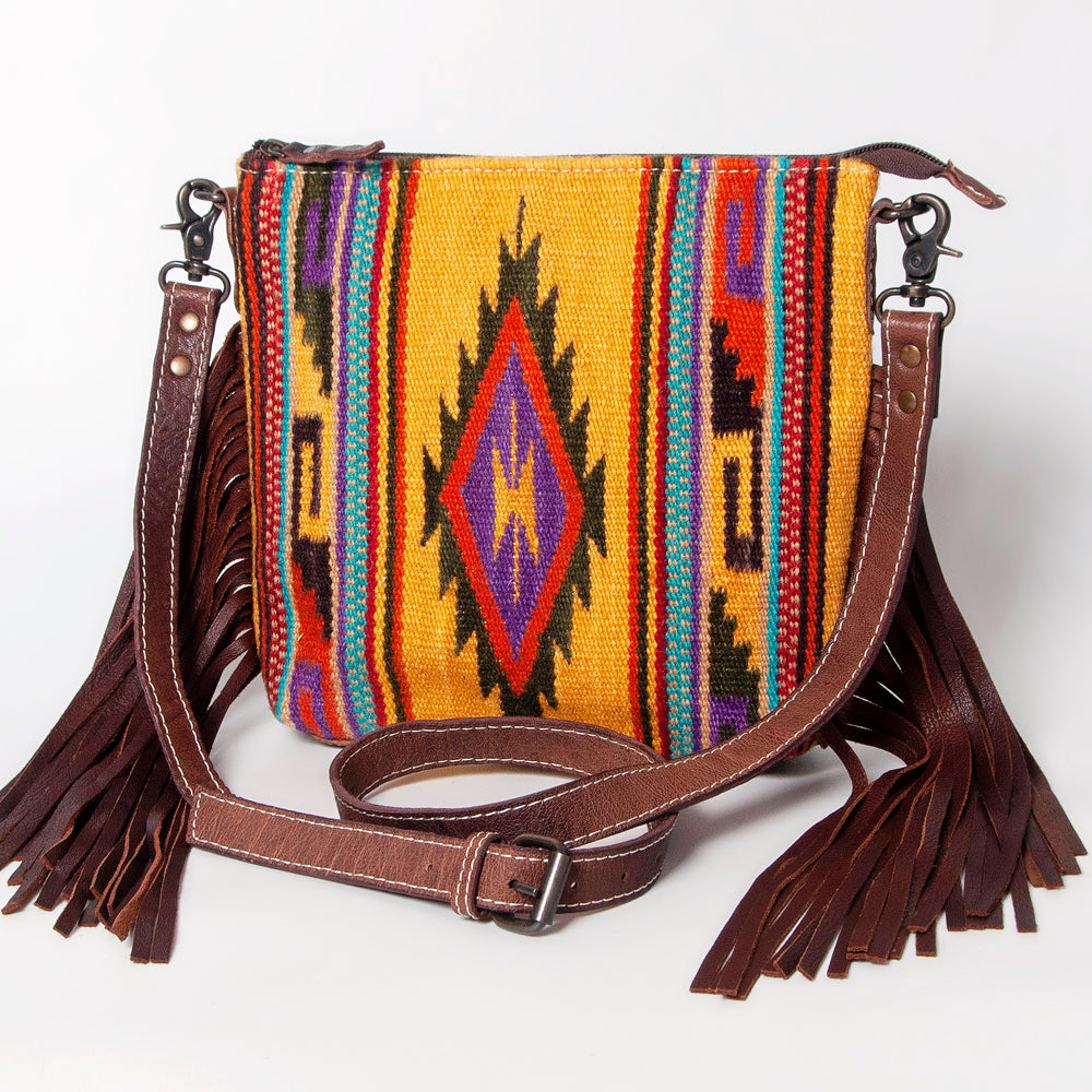 American Darling Western Crossbody Bag – Handwoven Saddle Blanket with Genuine Leather and Fringes, Compact Everyday Purse