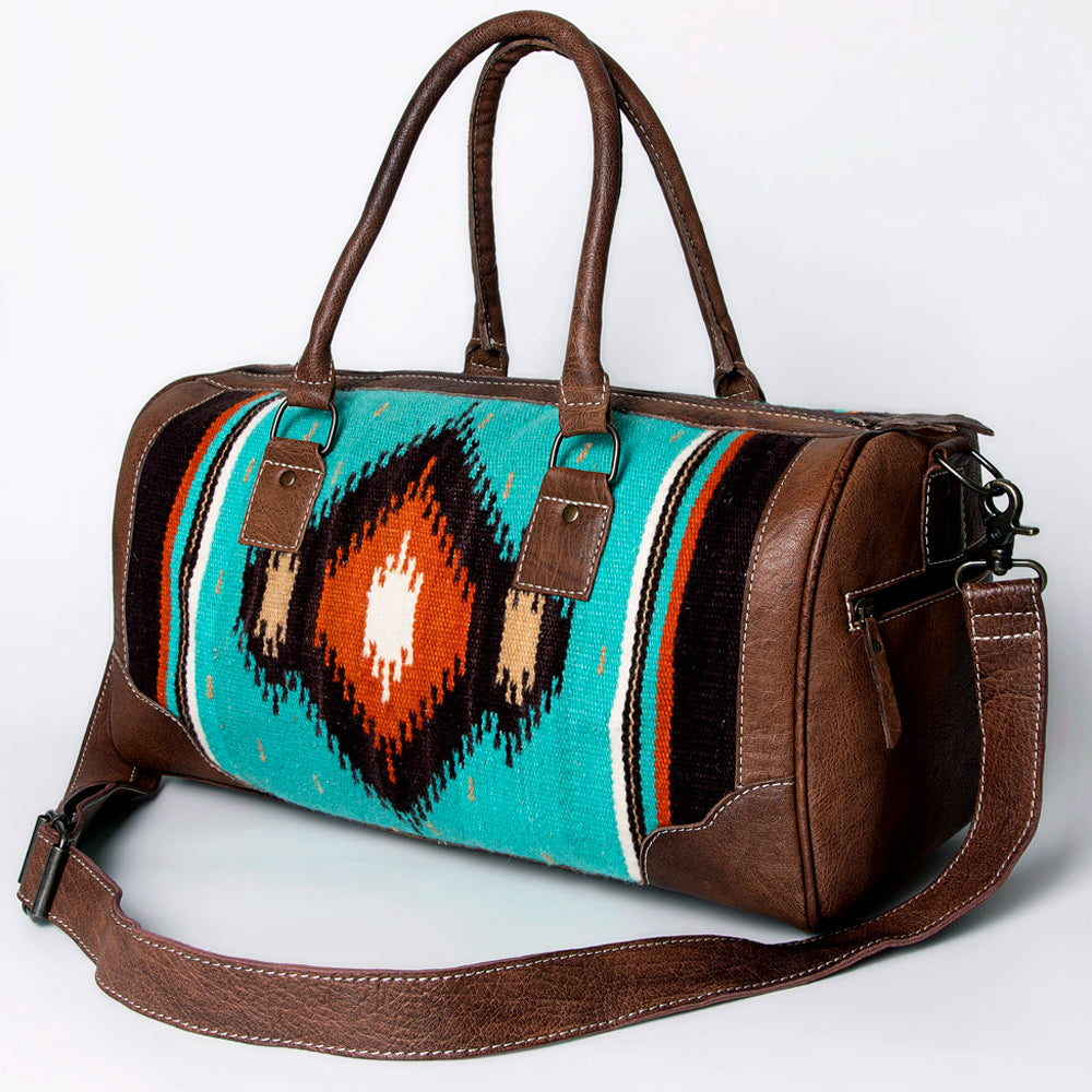 American Darling Western Duffle Bag – Handwoven Saddle Blanket with Genuine Leather Trim, Spacious Travel and Weekend Tote