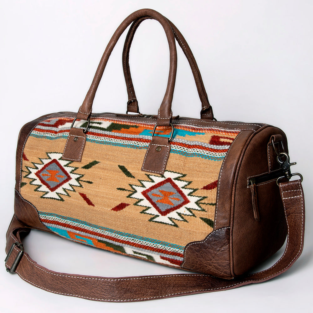 American Darling Western Duffle Bag – Handwoven Saddle Blanket with Genuine Leather Trim, Spacious Travel and Weekend Tote