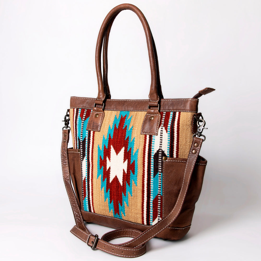 American Darling Western Tote Bag – Handwoven Saddle Blanket Genuine Leather Trim, Everyday Work or Travel Purse
