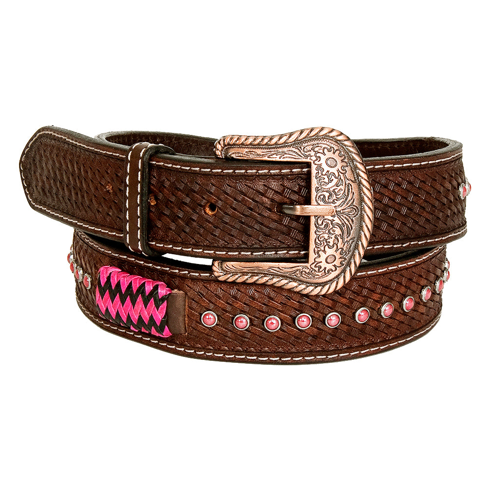 BAR H EQUINE Pink Rawhide Basket Hand Tooled Genuine Leather Belt Unisex Brown Western with Removable Buckle
