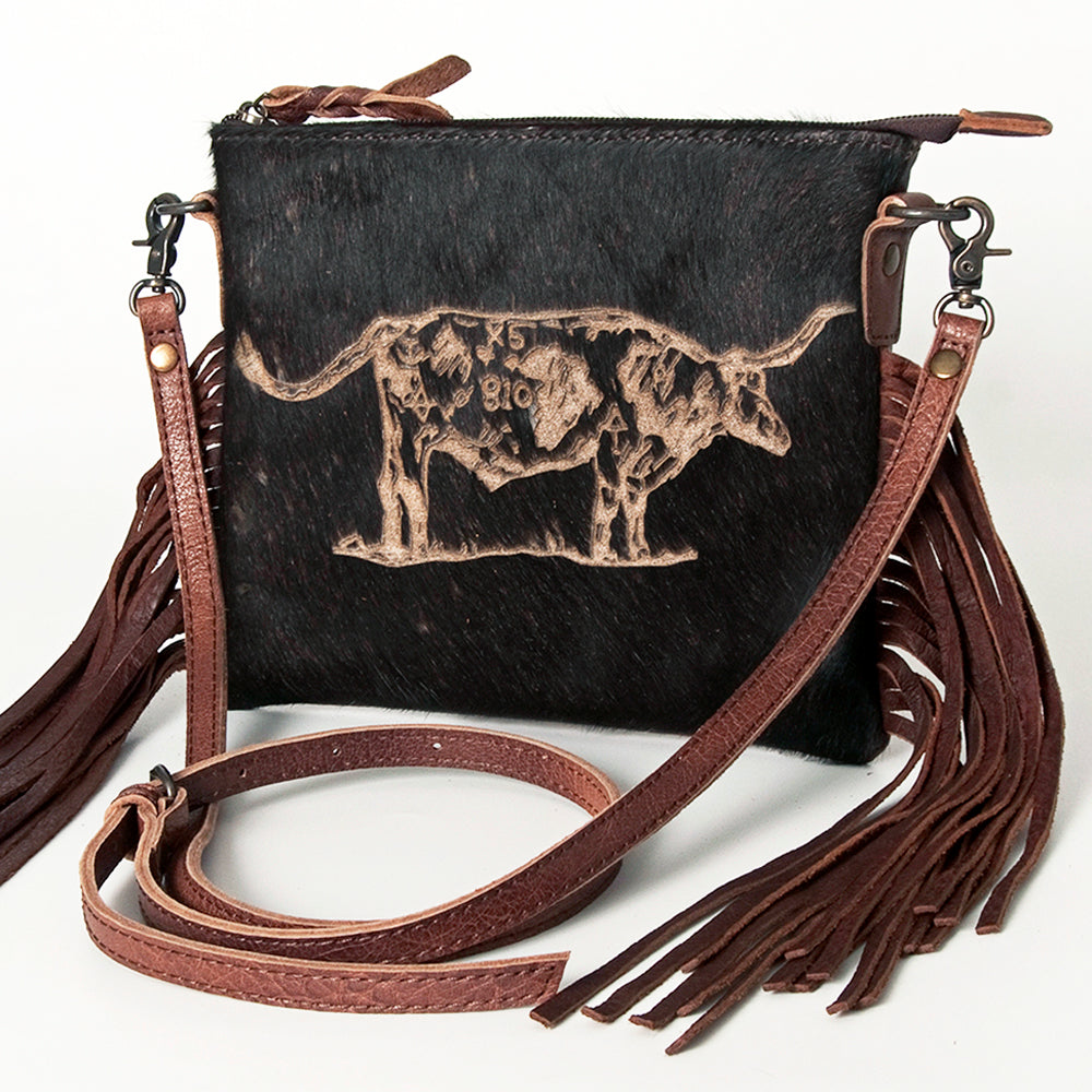 American Darling Western Small Crossbody Bag – Genuine Hair-On Cowhide Leather with Fringes, Adjustable Strap, Handcrafted in Texas
