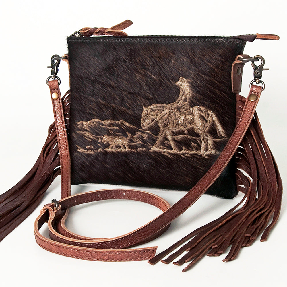 American Darling Western Small Crossbody Bag – Genuine Hair-On Cowhide Leather with Fringes, Adjustable Strap, Handcrafted in Texas