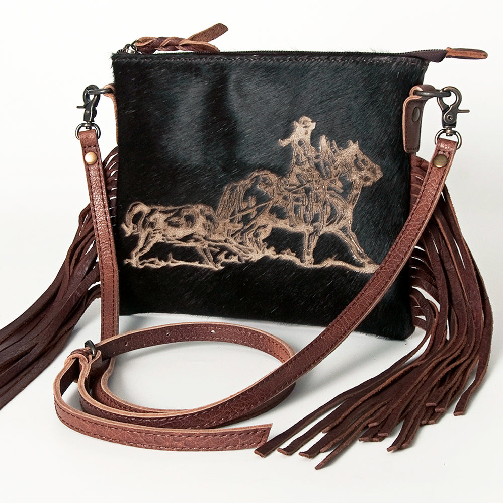 American Darling Western Small Crossbody Bag – Genuine Hair-On Cowhide Leather with Fringes, Adjustable Strap, Handcrafted in Texas