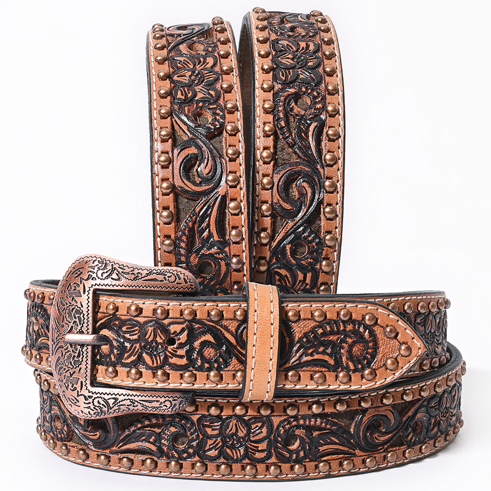 BAR H EQUINE Brown Turquoise Buckstitch Floral Carved Genuine Leather Men & Women Belt Unisex Western with Removable Buckle