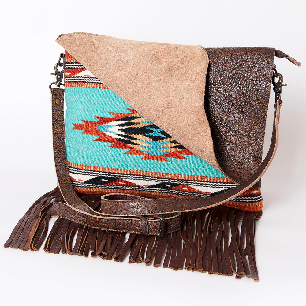 American Darling Western Crossbody Bag – Genuine Leather, Fringe Detail, Handwoven Saddle Blanket, Concho, 11 in x14 in