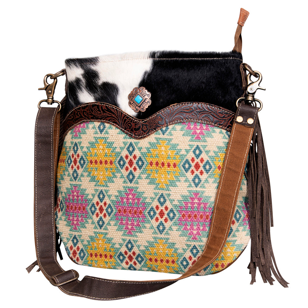 OHLAY Cross Body Upcycled Wool Canvas Embossed Hair-On Genuine Leather Women Bag Western Handbag Purse Womens Handbags