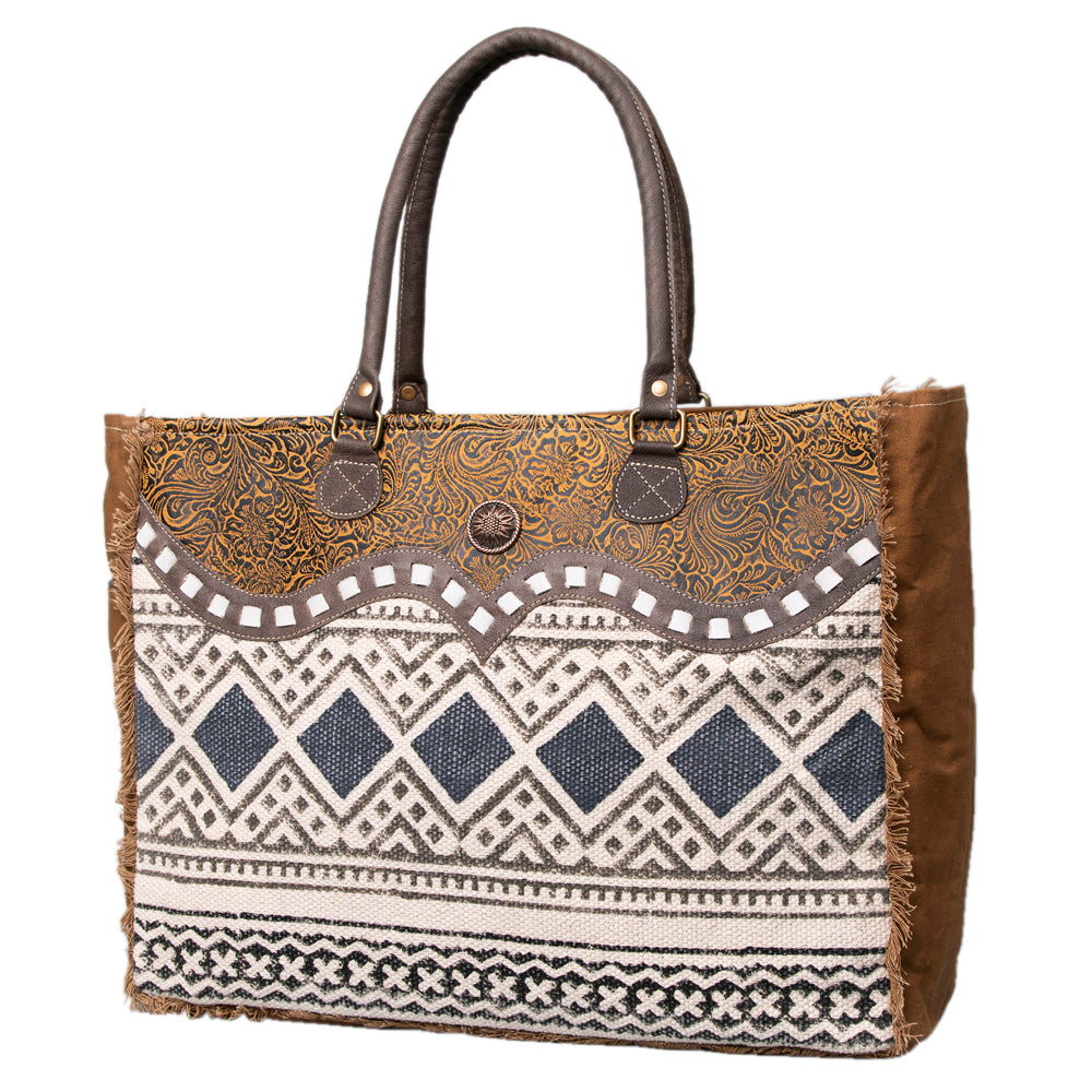 OHLAY Weekender Upcycled Wool Canvas Embossed Genuine Leather Women Bag Western Handbag Purse Womens Handbags Belt for Summer