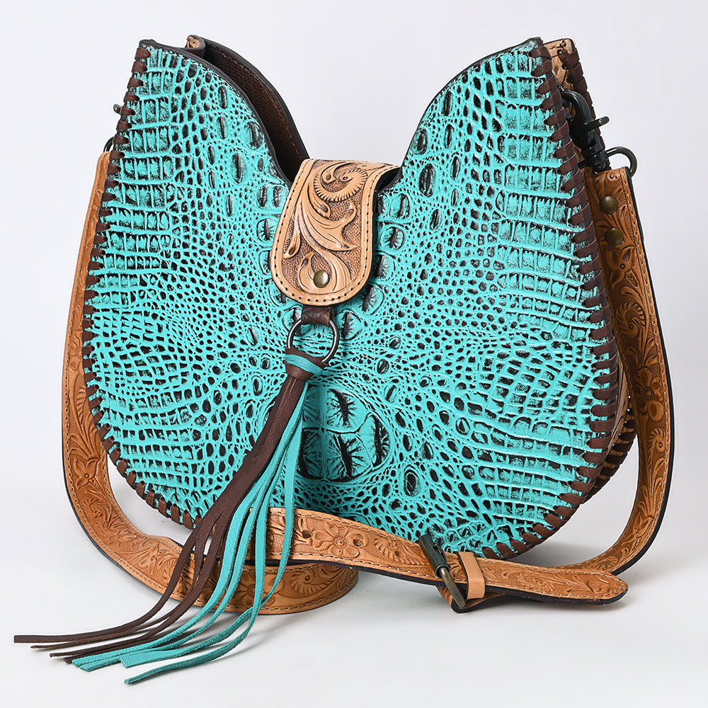 American Darling Turquoise Crocodile Embossed Leather Hobo Bag – Hand Tooled, Genuine Leather, Adjustable Strap, Western Handmade Purse