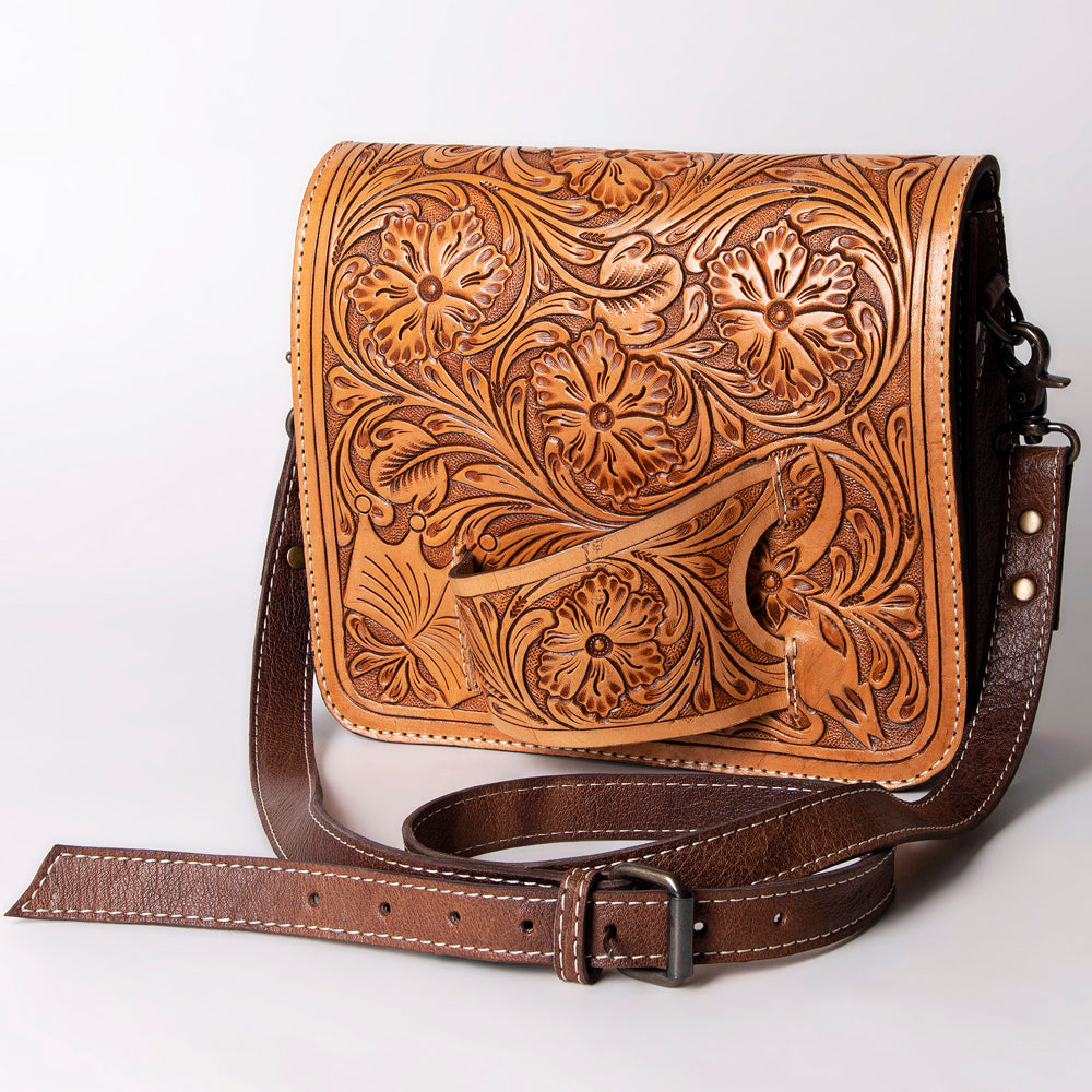 American Darling Hand-Tooled Western Leather Crossbody Bag – Genuine Floral Tooled Design, Adjustable Strap, Everyday Carry