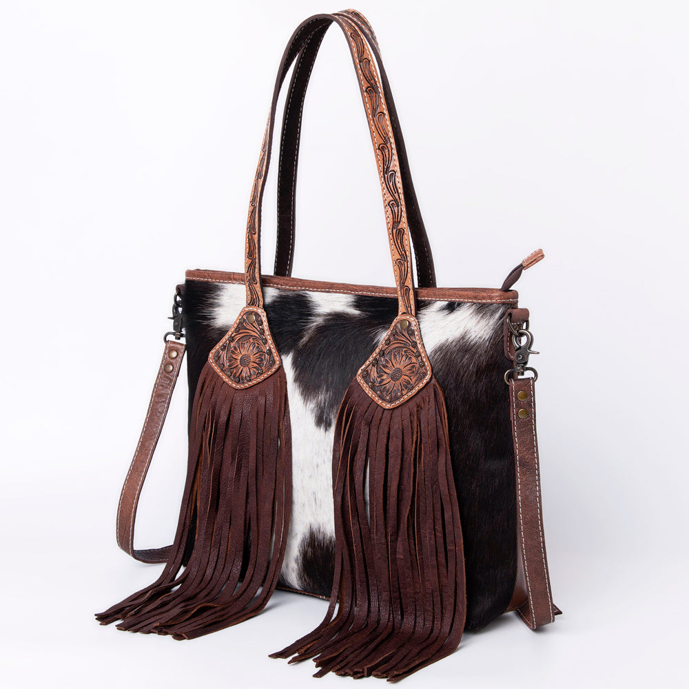 American Darling Hair-on Cowhide Leather Tote Bag – Fringed Western Style, Genuine Leather, Everyday Handbag