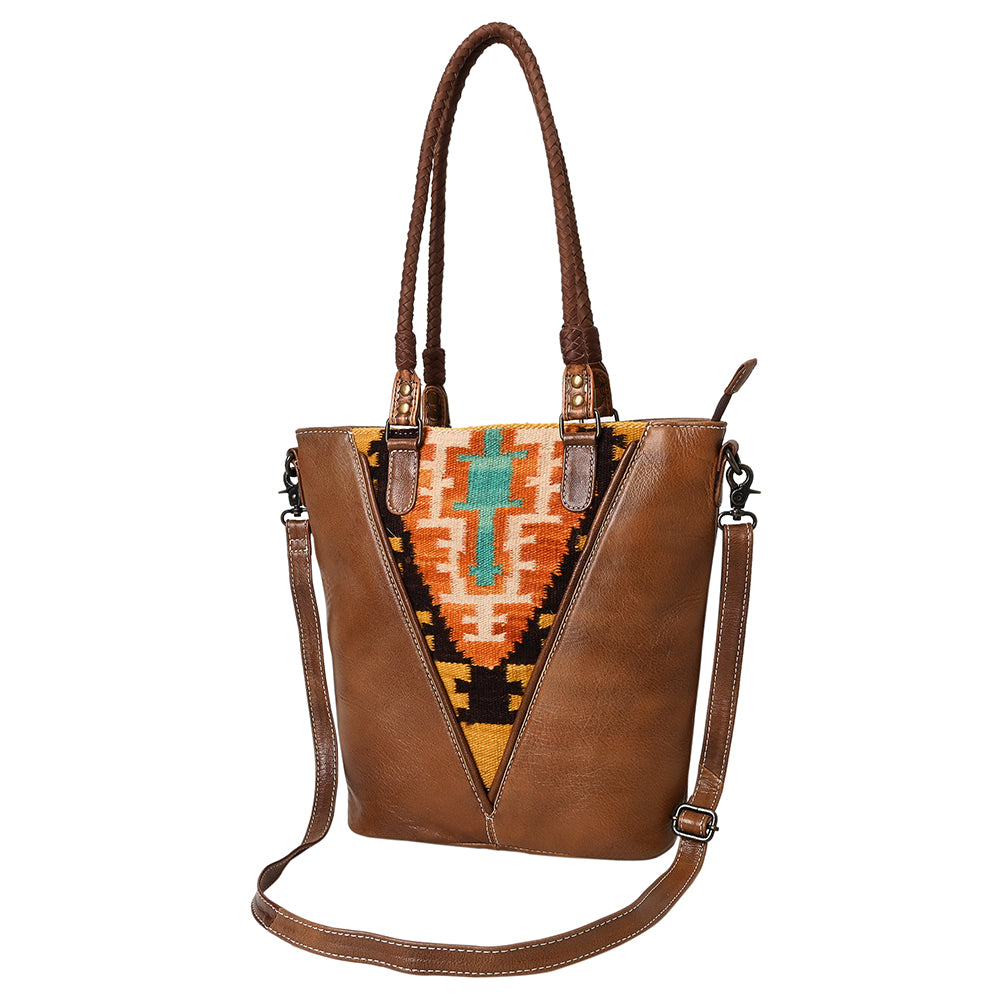 American Darling Leather Tote – Hand Woven Saddle Blanket Accents, Premium Western Leather Handbag