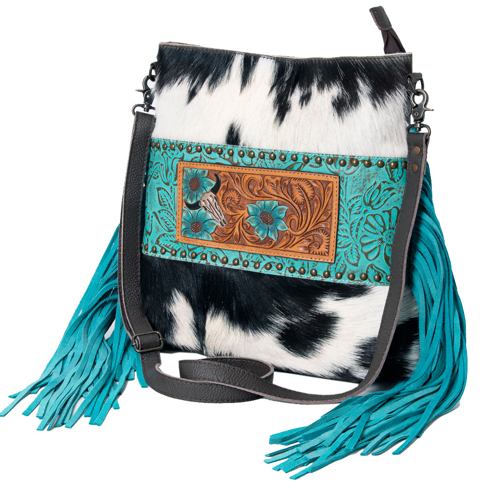 OHLAY Messenger Hand Tooled Embossed Hair-on Genuine Leather women bag western handbag purse