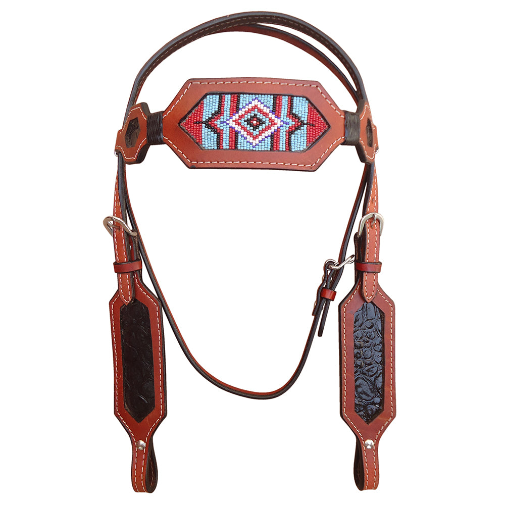 Hilason Western Horse Headstall Bridle American Leather Brown Beaded Crocodile