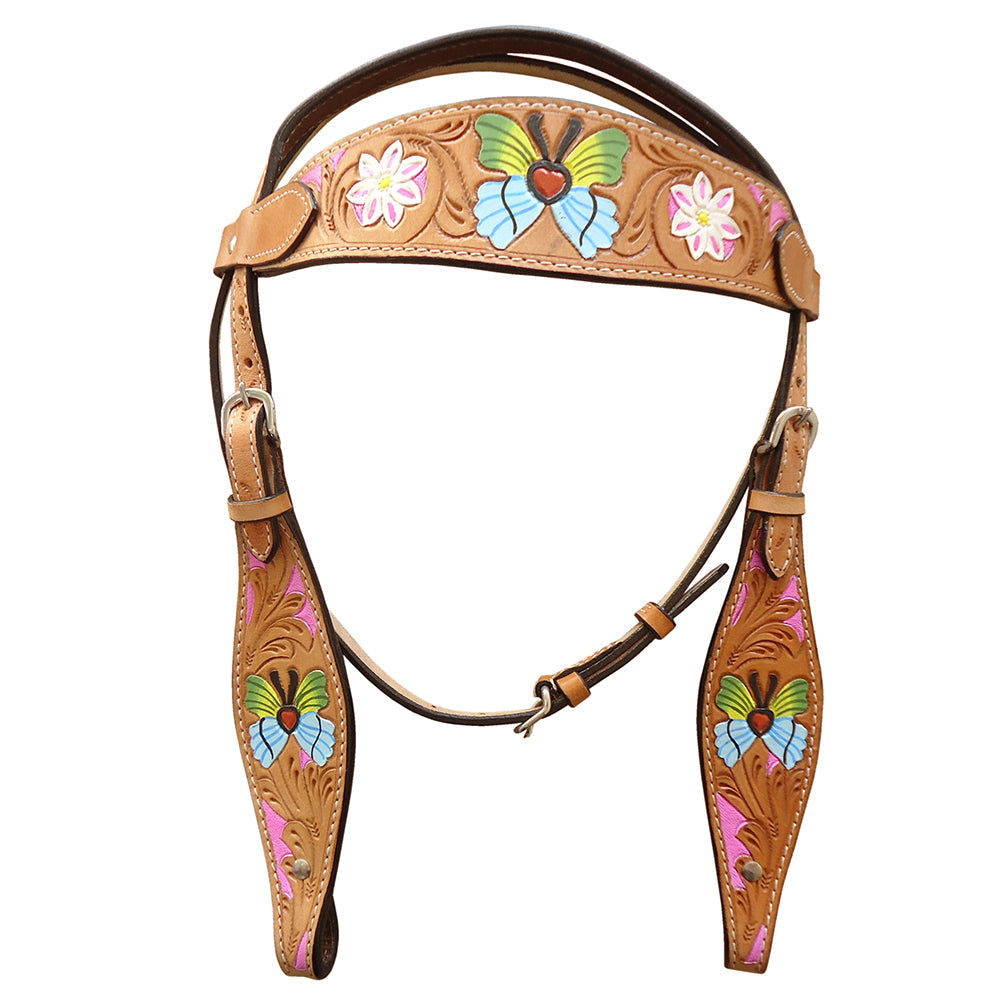 Hilason Western Horse Headstall Leather Floral Tan Butterfly