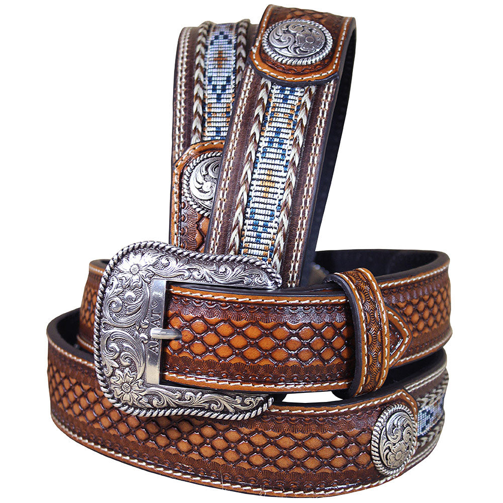 32-46 In Western Ariat Belt Leather Mens Basketweave Conchos Brown