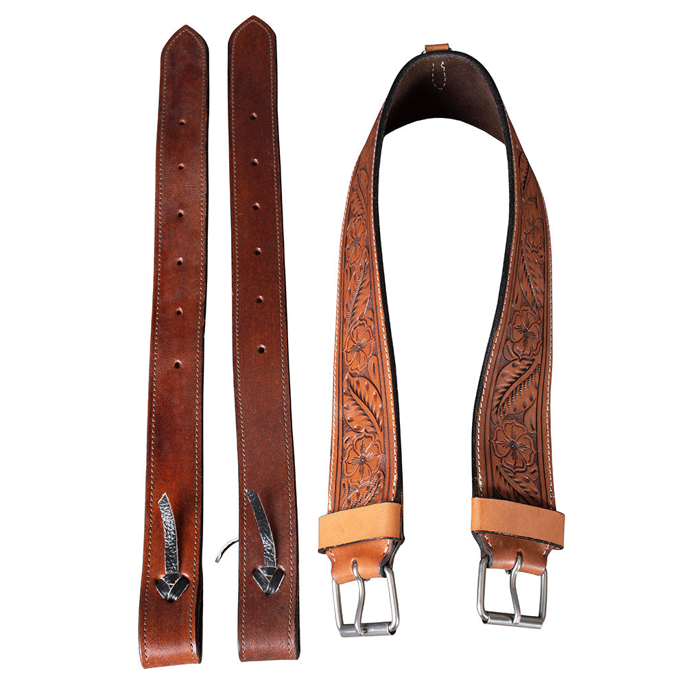 Comfytack Horse Saddle Flank Cinch Girth Handtooled Leather Billets Brown