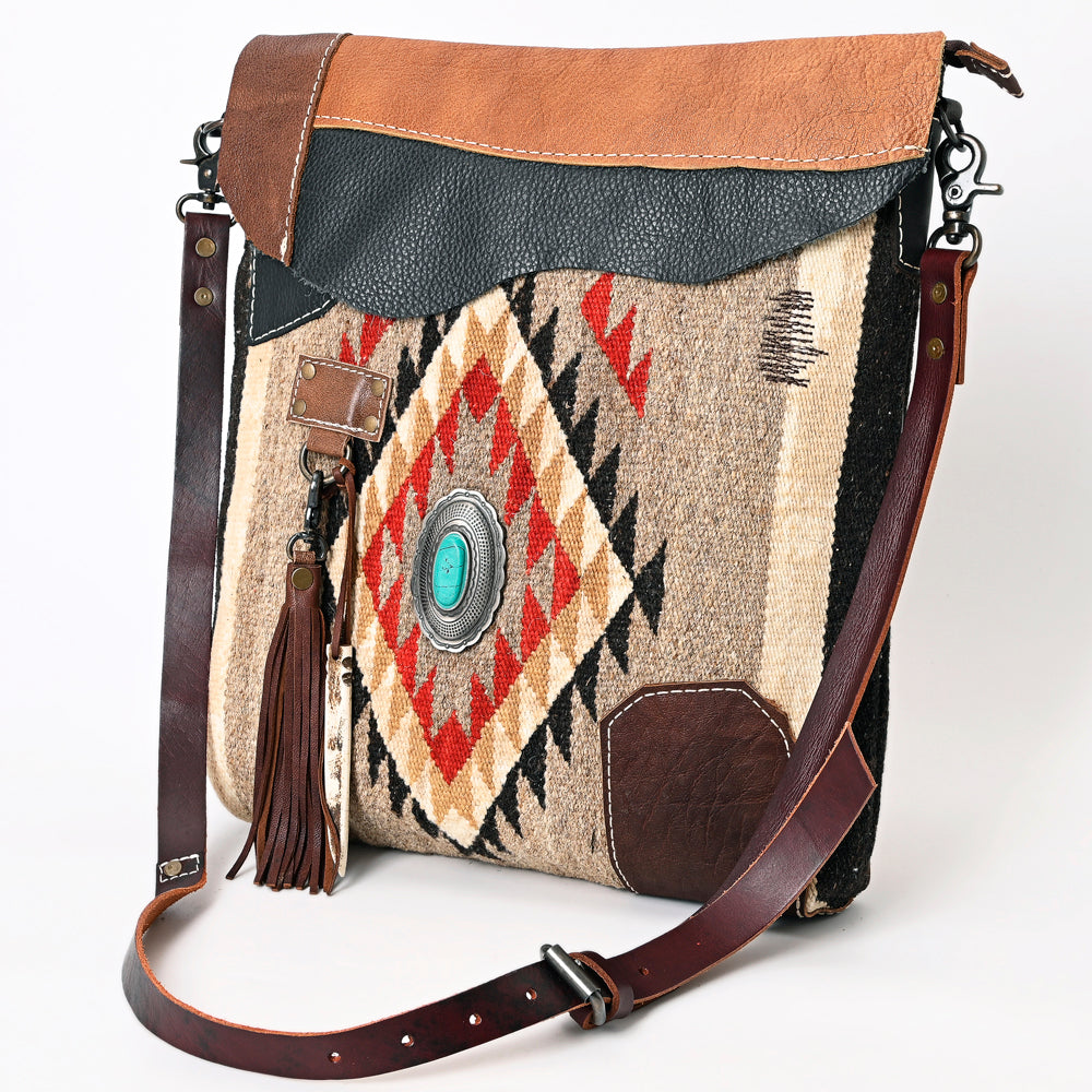 American Darling Leather Crossbody Bag – Saddle Blanket Colorful Design, Fringes, Western Style, Premium Handbag