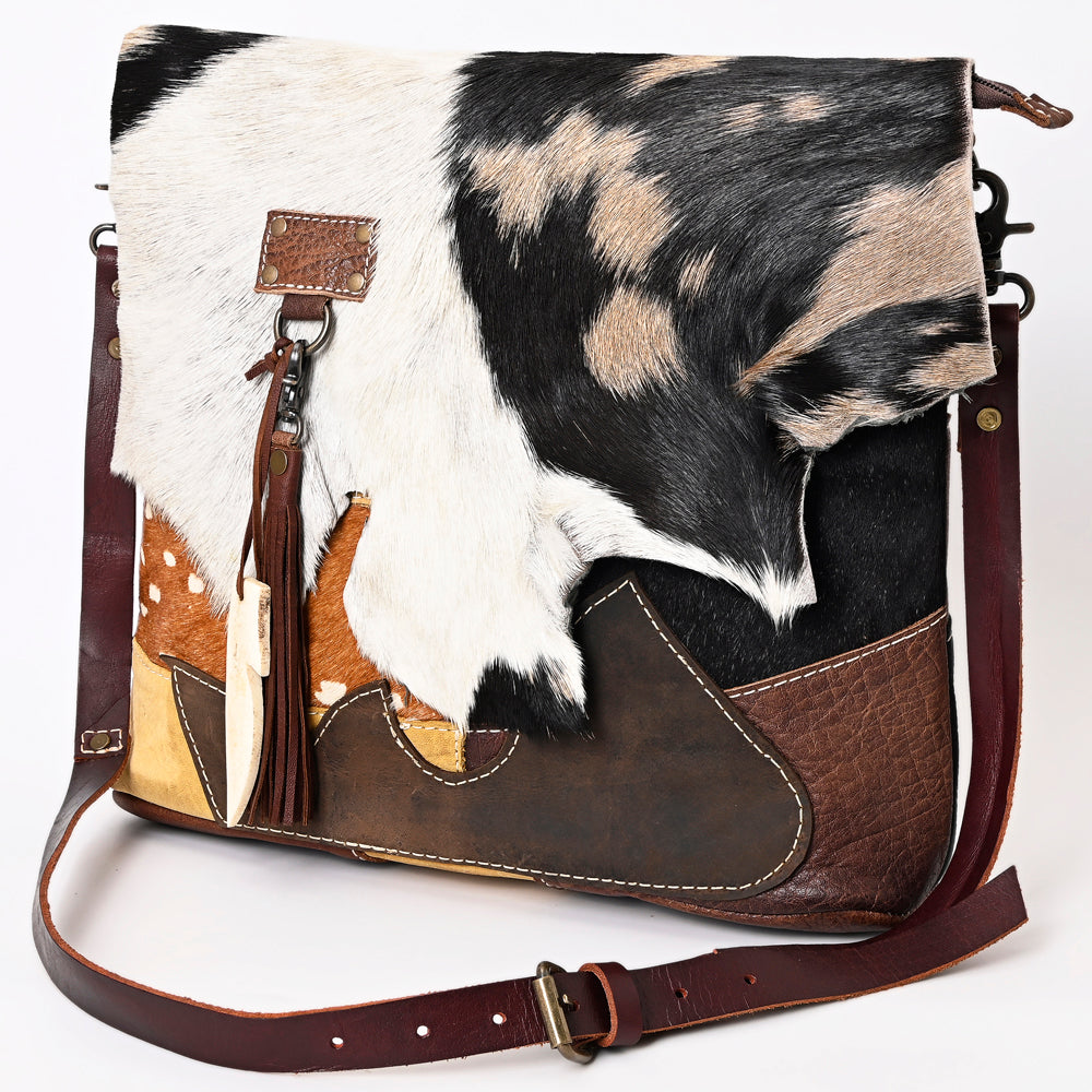 Western Leather Crossbody Bag with Hair-On Cowhide & Fringe Tassels, Genuine Leather, Handcrafted in Texas
