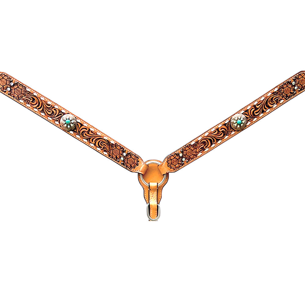 Bar H Equine Horse Genuine Leather Floral Design Breast Collar ,Headstall Tan