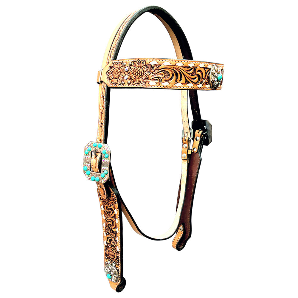 Bar H Equine Horse Genuine Leather Floral Design Breast Collar ,Headstall Tan